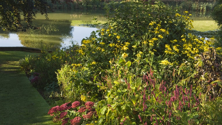 A double herbaceous border in the full bloom of summer, a grass path skirts the border and a pool can be seen by the path.